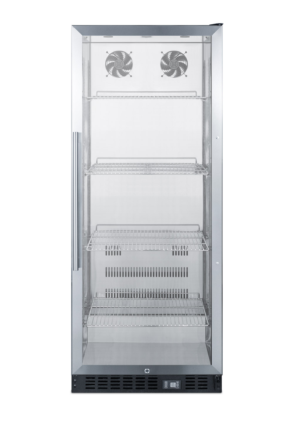 Commercial beverage merchandiser with 11 cu.ft. capacity, SS interior, self-closing door, digital thermostat, and SS wrapped cabinet